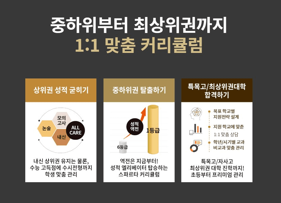 성적대별 1:1 맞춤 커리큘럼 안내 — 상위권 성적 굳히기, 중하위권 탈출하기, 특목고·최상위권대학 합격하기