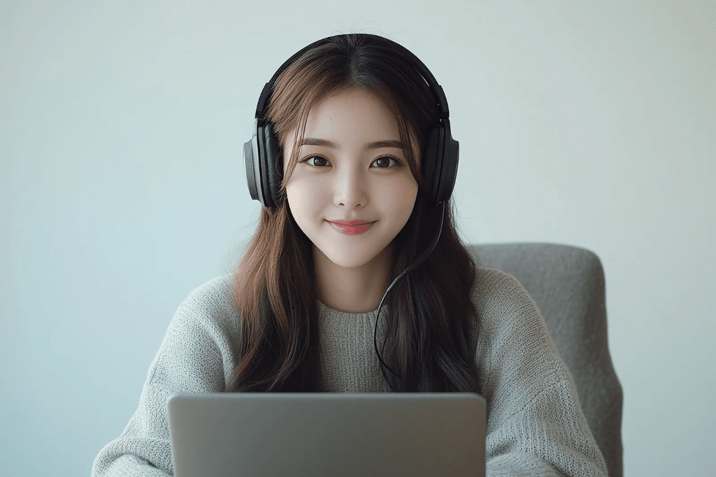 헤드셋을 끼고 노트북으로 온라인 수업을 듣는 모습